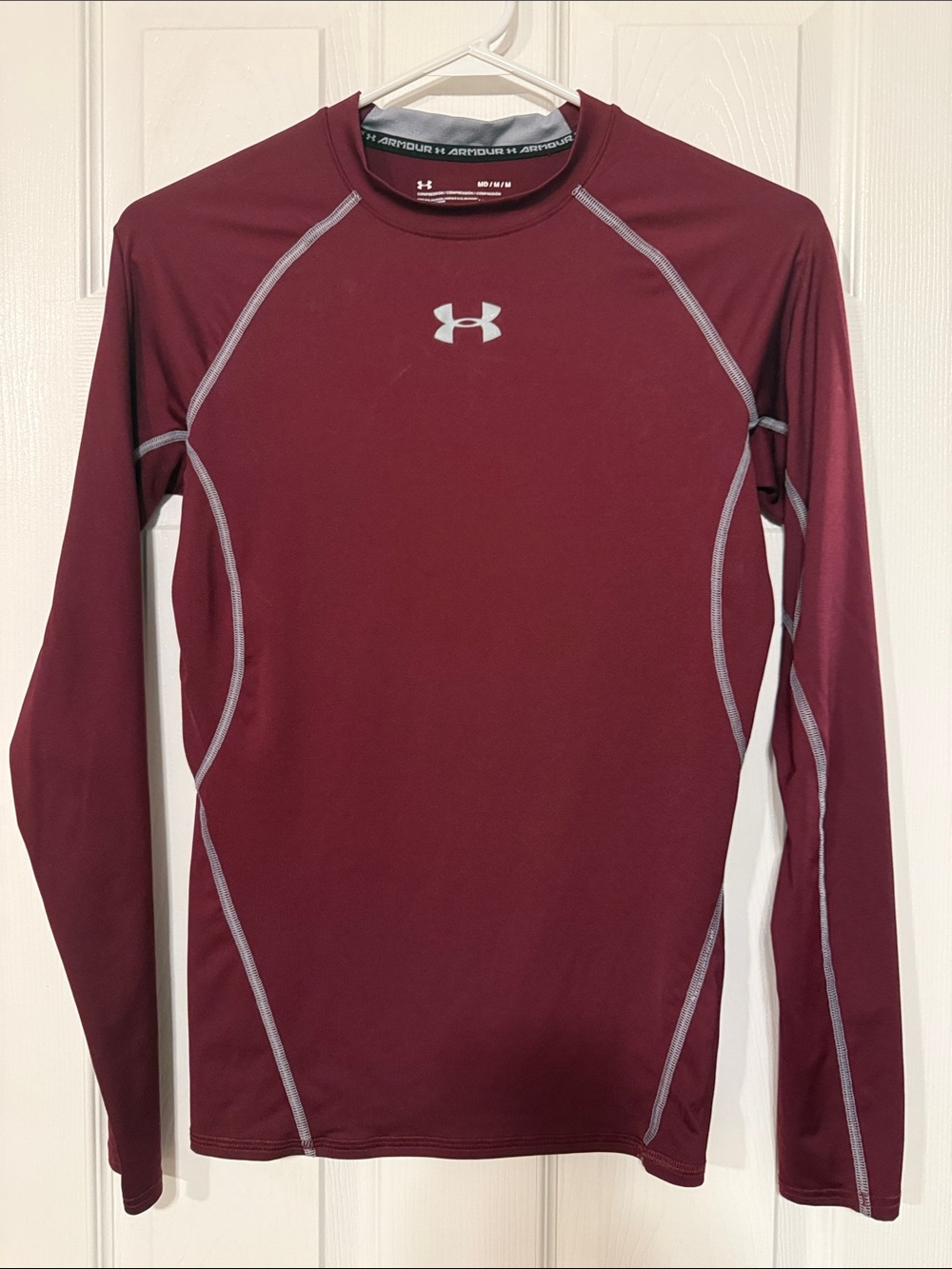 Under Armour Maroon Long-Sleeve Compression Top with Gray Contrast Seams